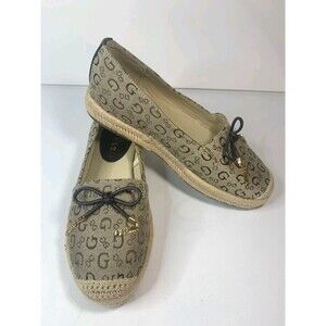 GUESS Women's Monogram Espadrille Flats Canvas Loafers Bow Shoes Size 6M